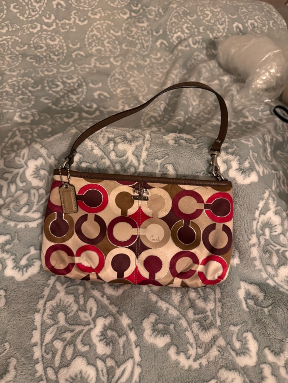 Coach Circle Print Wristlet in Red, Brown & Cream